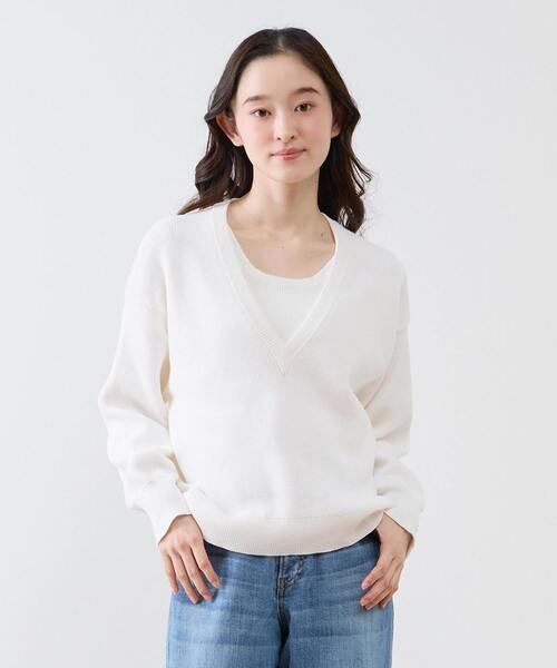 【美品】René ダイヤモンド編み Vネックセーター　36サイズ　ホワイト セール】Vネック片畦プルオーバー（ニット/セーター）｜LOGEMENT DE