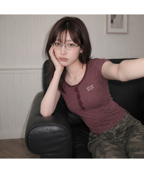 muahmuah（ムーアムーア）の「ヘンリーネックストライプ半袖Tシャツ[5色]（Tシャツ/カットソー・レディース・アイボリー/ブラック/ライトブルー/グレー/バーガンディー・FREE）」の5枚目の写真