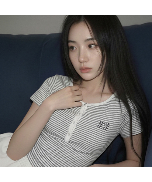 muahmuah（ムーアムーア）の「ヘンリーネックストライプ半袖Tシャツ[5色]（Tシャツ/カットソー・レディース・アイボリー/ブラック/ライトブルー/グレー/バーガンディー・FREE）」の2枚目の写真