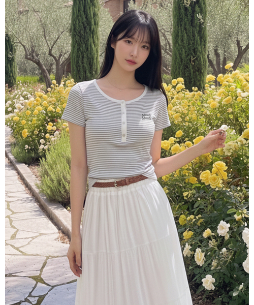muahmuah（ムーアムーア）の「ヘンリーネック ストライプ半袖Tシャツ [5カラー]（Tシャツ/カットソー・レディース・アイボリー/ブラック/ライトブルー/グレー/バーガンディー・FREE）」の17枚目の写真