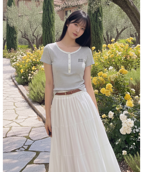 muahmuah（ムーアムーア）の「ヘンリーネック ストライプ半袖Tシャツ [5カラー]（Tシャツ/カットソー・レディース・アイボリー/ブラック/ライトブルー/グレー/バーガンディー・FREE）」の18枚目の写真