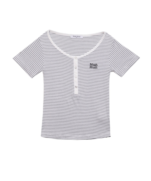 muahmuah（ムーアムーア）の「ヘンリーネック ストライプ半袖Tシャツ [5カラー]（Tシャツ/カットソー・レディース・アイボリー/ブラック/ライトブルー/グレー/バーガンディー・FREE）」の19枚目の写真