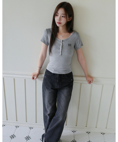 muahmuah（ムーアムーア）の「ヘンリーネック ストライプ半袖Tシャツ [5カラー]（Tシャツ/カットソー・レディース・アイボリー/ブラック/ライトブルー/グレー/バーガンディー・FREE）」の9枚目の写真