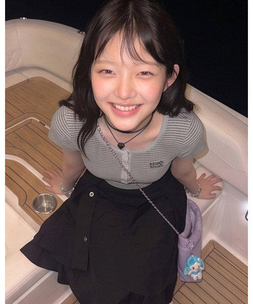 muahmuah（ムーアムーア）の「ヘンリーネックストライプ半袖Tシャツ[5色]（Tシャツ/カットソー・レディース・アイボリー/ブラック/ライトブルー/グレー/バーガンディー・FREE）」の13枚目の写真