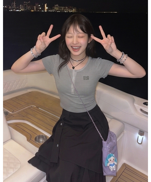 muahmuah（ムーアムーア）の「ヘンリーネックストライプ半袖Tシャツ[5色]（Tシャツ/カットソー・レディース・アイボリー/ブラック/ライトブルー/グレー/バーガンディー・FREE）」の14枚目の写真
