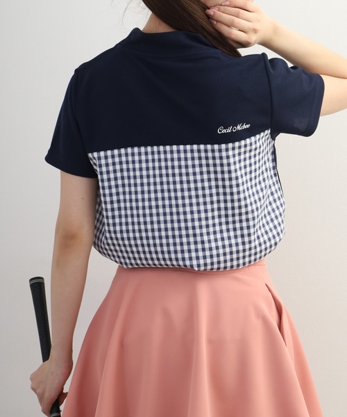 CECIL McBEE(セシルマクビー)の「Checkered mock neck チェカード モックネック 半袖Tシャツ(Tシャツ/カットソー・レディース・ネイビー/ブラック・M/S)」の2枚目の写真