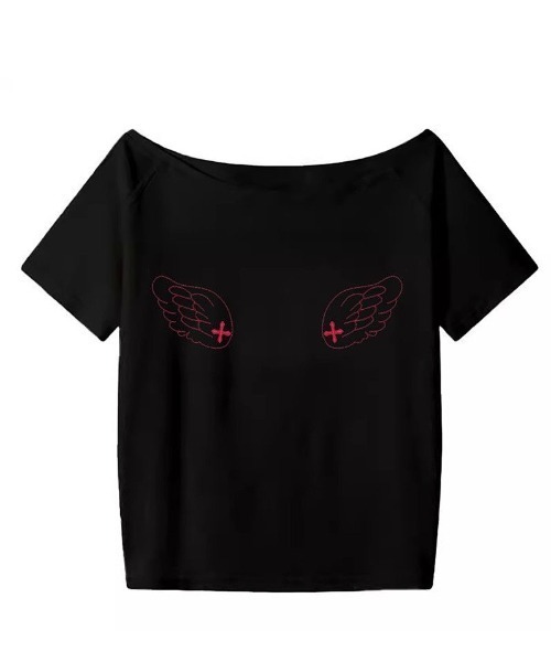 セール】フロント羽＆十字架プリント ショートtシャツ（Tシャツ 
