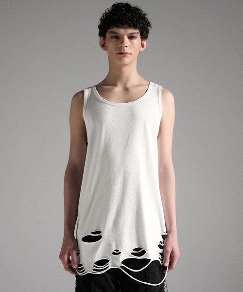 【GRANCY】ダメージデザインコットンノースリーブTシャツ GRANCY】Damage design Cotton Sleeveless Tee / ダメージデザイン