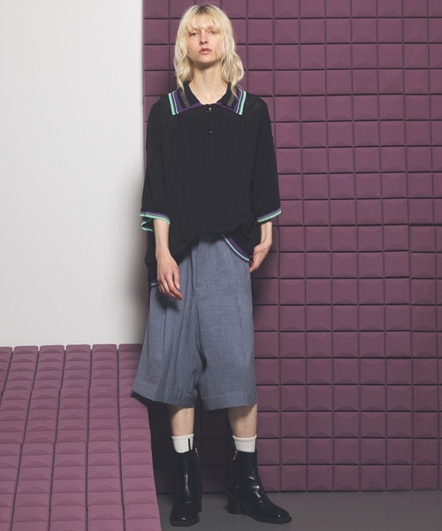 MAISON SPECIAL（メゾンスペシャル）の「《UNISEX》Layered Collar Line Geometric Prime-Over Short Sleeve Knit Polo Shirt/レイヤードライン襟ジオメトリックプライムオーバーショートスリーブニットポロシャツ【MAISON SPECIAL/メゾンスペシャル】（ポロシャツ・メンズ・ブラック/ベージュ・0/1/2）」の3枚目の写真