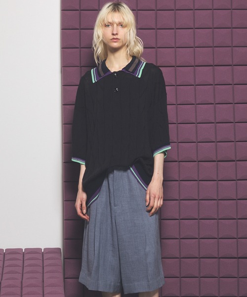 MAISON SPECIAL（メゾンスペシャル）の「《UNISEX》Layered Collar Line Geometric Prime-Over Short Sleeve Knit Polo Shirt/レイヤードライン襟ジオメトリックプライムオーバーショートスリーブニットポロシャツ【MAISON SPECIAL/メゾンスペシャル】（ポロシャツ・メンズ・ブラック/ベージュ・0/1/2）」の7枚目の写真