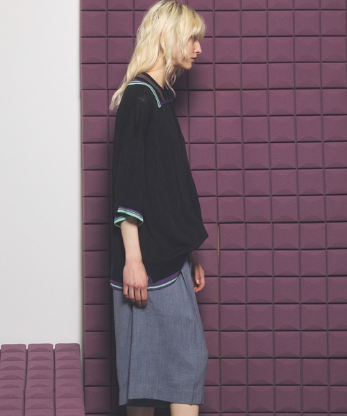 MAISON SPECIAL（メゾンスペシャル）の「《UNISEX》Layered Collar Line Geometric Prime-Over Short Sleeve Knit Polo Shirt/レイヤードライン襟ジオメトリックプライムオーバーショートスリーブニットポロシャツ【MAISON SPECIAL/メゾンスペシャル】（ポロシャツ・メンズ・ブラック/ベージュ・0/1/2）」の8枚目の写真