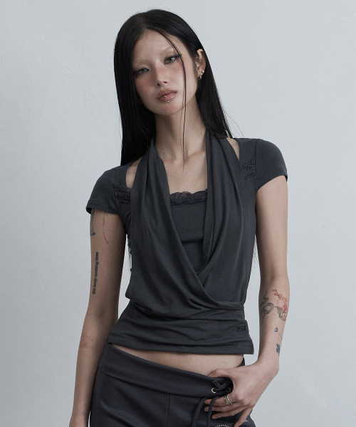 as you are(アズユーアー)の「レースカウルネックTシャツチャコール(Tシャツ/カットソー・レディース・その他・OS)」の1枚目の写真