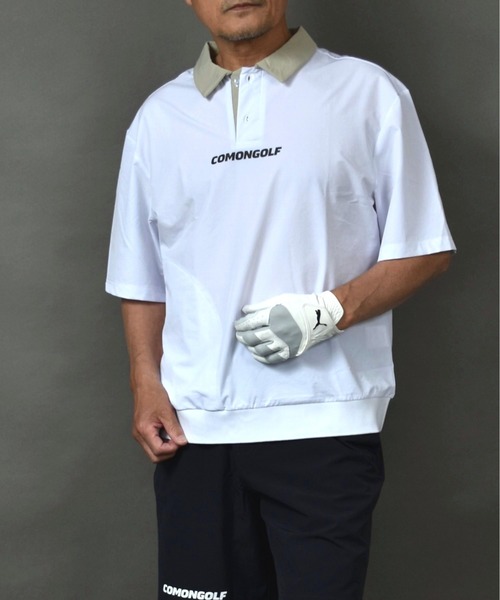 COMON GOLF(コモンゴルフ)の「撥水加工タフタ素材 ルーズシルエット ZIPポケット付き 半袖プルオーバー ゴルフポロシャツ(ポロシャツ・メンズ・ネイビー/ホワイト/カーキ・L/XL/XXL/M)」の1枚目の写真
