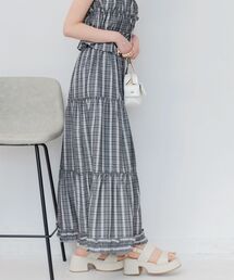 【セットアップ対応】チェック柄裾フリルロングスカート