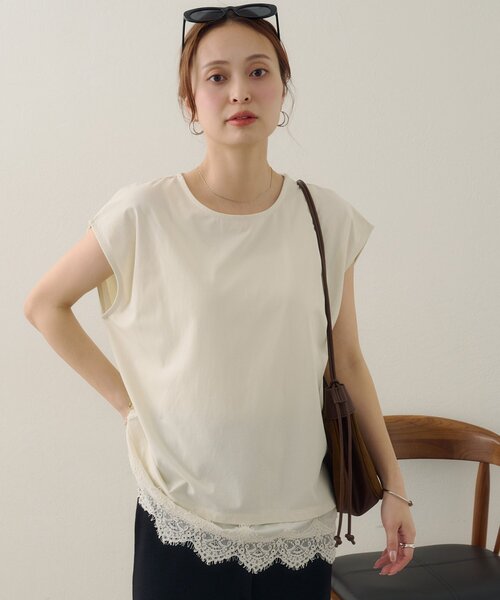 DISCOAT(ディスコート)の「【Noka/接触冷感】裾レースフレンチTシャツ(Tシャツ/カットソー・レディース・ブラック/チャコールグレー/ホワイト系その他・FREE)」の1枚目の写真
