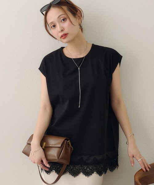 DISCOAT(ディスコート)の「【Noka/接触冷感】裾レースフレンチTシャツ(Tシャツ/カットソー・レディース・ブラック/チャコールグレー/ホワイト系その他・FREE)」の3枚目の写真