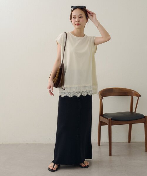 DISCOAT(ディスコート)の「【Noka/接触冷感】裾レースフレンチTシャツ(Tシャツ/カットソー・レディース・ブラック/チャコールグレー/ホワイト系その他・FREE)」の11枚目の写真