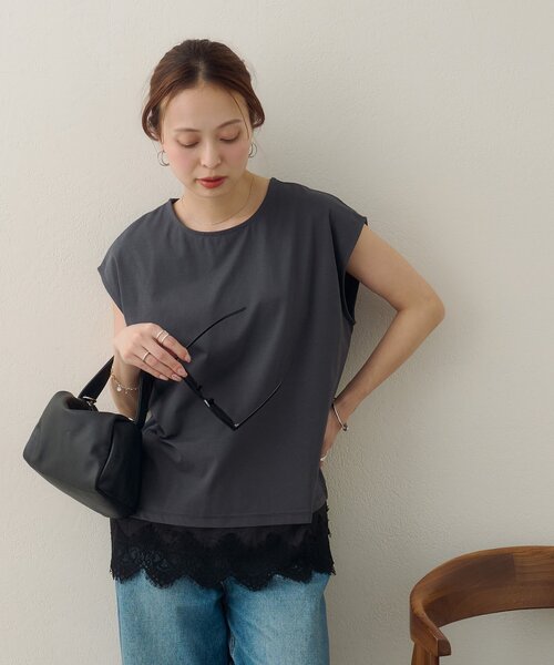 DISCOAT(ディスコート)の「【Noka/接触冷感】裾レースフレンチTシャツ(Tシャツ/カットソー・レディース・ブラック/チャコールグレー/ホワイト系その他・FREE)」の4枚目の写真