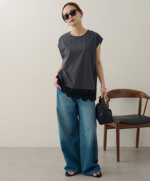 DISCOAT(ディスコート)の「【Noka/接触冷感】裾レースフレンチTシャツ(Tシャツ/カットソー・レディース・ブラック/チャコールグレー/ホワイト系その他・FREE)」の5枚目の写真