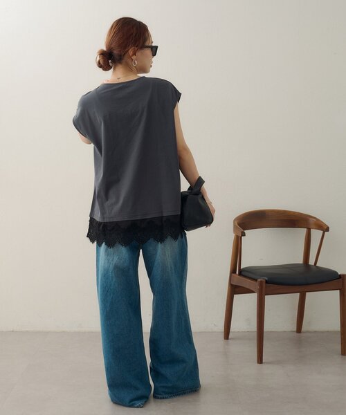 DISCOAT(ディスコート)の「【Noka/接触冷感】裾レースフレンチTシャツ(Tシャツ/カットソー・レディース・ブラック/チャコールグレー/ホワイト系その他・FREE)」の7枚目の写真