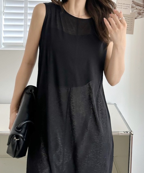umune(ウムネ)の「シアーワンピース マキシ丈 ロングワンピ ノースリーブ Iライン レイヤード 透け感 スリット 大人カジュアル 夏(ワンピース・レディース・ブラウン/ブラック/グレイッシュベージュ・FREE)」の1枚目の写真