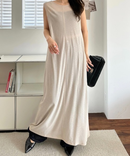umune(ウムネ)の「シアーワンピース マキシ丈 ロングワンピ ノースリーブ Iライン レイヤード 透け感 スリット 大人カジュアル 夏(ワンピース・レディース・ブラウン/ブラック/グレイッシュベージュ・FREE)」の7枚目の写真