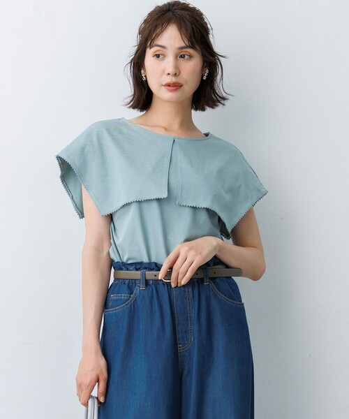 組曲 L(クミキョク オオキイサイズ)の「ブラウスライク ケープデザインカットソー(Tシャツ/カットソー・レディース・ライトグリーン系/ホワイト系/ネイビー系・5/6/7)」の1枚目の写真