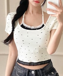 リボン柄ホルターネックレイヤード風クロップド丈バイカラーTシャツ
