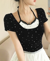 リボン柄ホルターネックレイヤード風クロップド丈バイカラーTシャツ