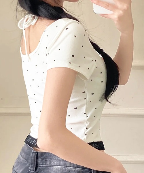 core core(コアコア)の「リボン柄ホルターネックレイヤード風クロップド丈バイカラーTシャツ(Tシャツ/カットソー・レディース・ブラック/グレー/ホワイト・FREE)」の6枚目の写真