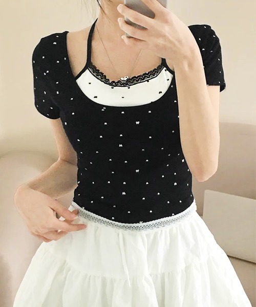 core core(コアコア)の「リボン柄ホルターネックレイヤード風クロップド丈バイカラーTシャツ(Tシャツ/カットソー・レディース・ブラック/グレー/ホワイト・FREE)」の9枚目の写真