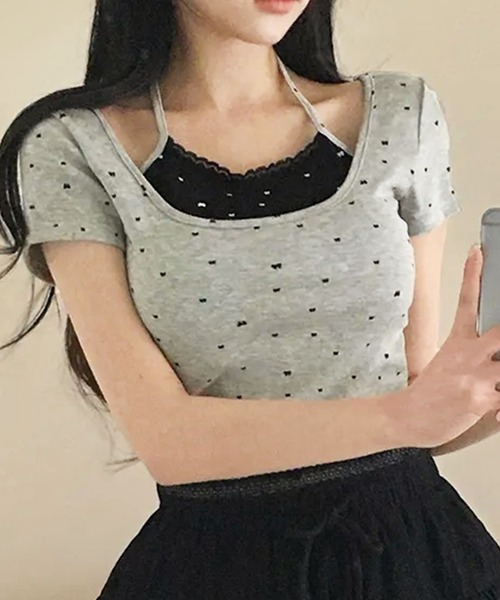 core core(コアコア)の「リボン柄ホルターネックレイヤード風クロップド丈バイカラーTシャツ(Tシャツ/カットソー・レディース・ブラック/グレー/ホワイト・FREE)」の18枚目の写真