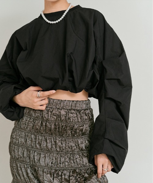 W:Huku(フーク)の「タイプライター ショート バルーン トップス / Cotton Typewriter Short Balloon Top(シャツ/ブラウス・レディース・ブラック/グレー・FREE)」の9枚目の写真