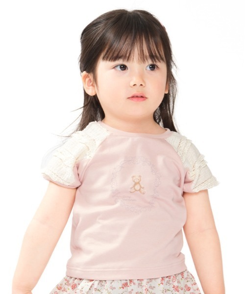 Will Mery(ウイルメリィ)の「【WEB限定】くまプリント袖レース半袖Tシャツ(Tシャツ/カットソー・キッズ・ピンク/オフホワイト・90/80/100/110/120/130)」の2枚目の写真