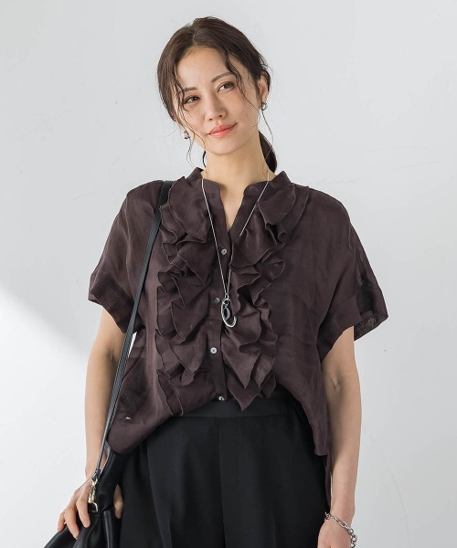 LAUTREAMONT（ロートレアモン）の「ラミーカルゼフリルブラウス（シャツ/ブラウス・レディース・ブラウン/オフホワイト/オレンジ・9号）」の2枚目の写真