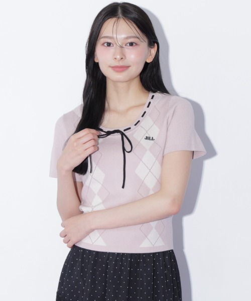 JILL by JILL STUART(ジルバイジルスチュアート)の「アーガイル半袖ニット(ニット/セーター・レディース・ピンク/モカ/ブルー・FREE)」の3枚目の写真