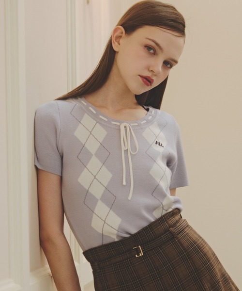 JILL by JILL STUART(ジルバイジルスチュアート)の「アーガイル半袖ニット(ニット/セーター・レディース・ピンク/モカ/ブルー・FREE)」の1枚目の写真