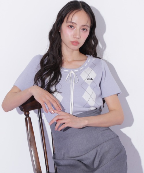 JILL by JILL STUART(ジルバイジルスチュアート)の「アーガイル半袖ニット(ニット/セーター・レディース・ピンク/モカ/ブルー・FREE)」の7枚目の写真