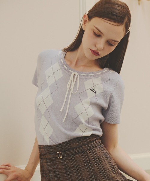 JILL by JILL STUART(ジルバイジルスチュアート)の「アーガイル半袖ニット(ニット/セーター・レディース・ピンク/モカ/ブルー・FREE)」の5枚目の写真