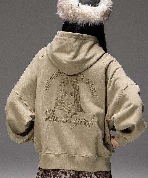 X-girl(エックスガール)の「ARCH LOGO AND FACE HOODED SWEAT JACKET(パーカー・レディース・ベージュ/チャコール・S/M)」の1枚目の写真