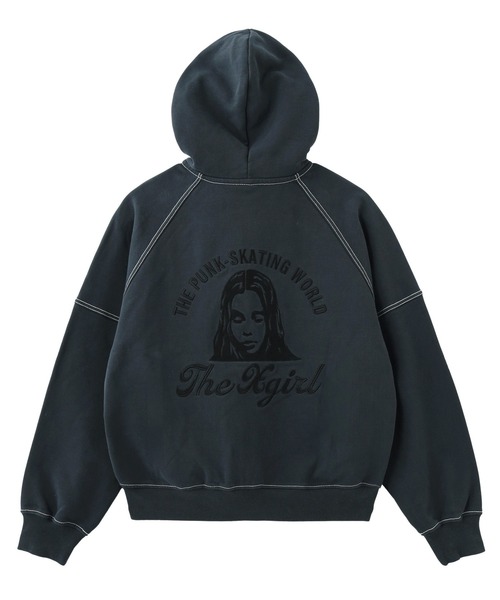 X-girl(エックスガール)の「ARCH LOGO AND FACE HOODED SWEAT JACKET(パーカー・レディース・ベージュ/チャコール・S/M)」の2枚目の写真