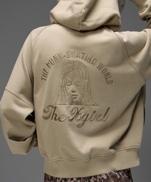 X-girl(エックスガール)の「ARCH LOGO AND FACE HOODED SWEAT JACKET(パーカー・レディース・ベージュ/チャコール・S/M)」の7枚目の写真