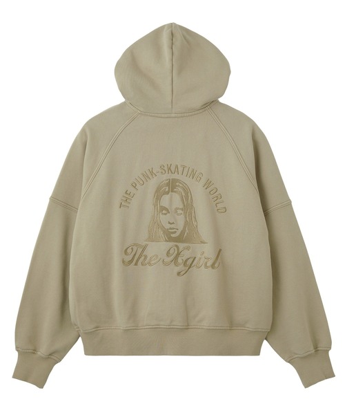 X-girl(エックスガール)の「ARCH LOGO AND FACE HOODED SWEAT JACKET(パーカー・レディース・ベージュ/チャコール・S/M)」の9枚目の写真