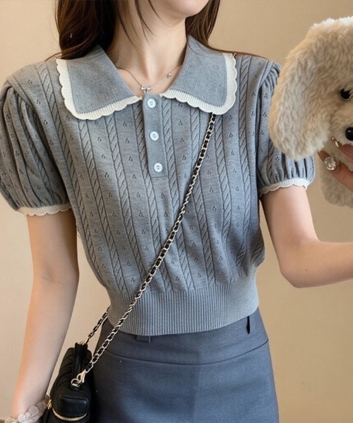Beststore(ベストストア)の「フレンチガーリー 襟付きサマーニット パフスリーブ 半袖 ポロシャツ(ニット/セーター・レディース・グレー/アイボリー/ピンク・FREE)」の3枚目の写真