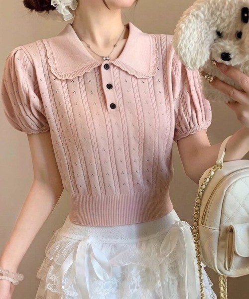 Beststore(ベストストア)の「フレンチガーリー 襟付きサマーニット パフスリーブ 半袖 ポロシャツ(ニット/セーター・レディース・グレー/アイボリー/ピンク・FREE)」の1枚目の写真