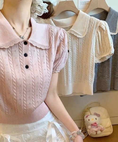 Beststore(ベストストア)の「フレンチガーリー 襟付きサマーニット パフスリーブ 半袖 ポロシャツ(ニット/セーター・レディース・グレー/アイボリー/ピンク・FREE)」の4枚目の写真