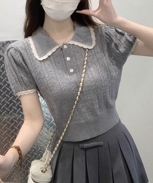 Beststore(ベストストア)の「フレンチガーリー 襟付きサマーニット パフスリーブ 半袖 ポロシャツ(ニット/セーター・レディース・グレー/アイボリー/ピンク・FREE)」の8枚目の写真