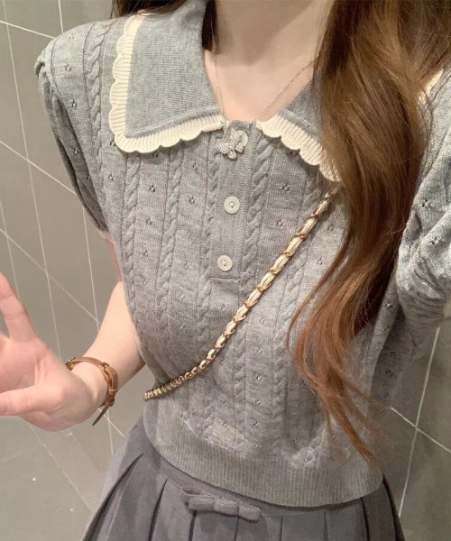 Beststore(ベストストア)の「フレンチガーリー 襟付きサマーニット パフスリーブ 半袖 ポロシャツ(ニット/セーター・レディース・グレー/アイボリー/ピンク・FREE)」の10枚目の写真