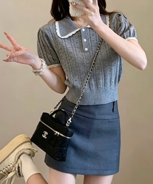 Beststore(ベストストア)の「フレンチガーリー 襟付きサマーニット パフスリーブ 半袖 ポロシャツ(ニット/セーター・レディース・グレー/アイボリー/ピンク・FREE)」の12枚目の写真