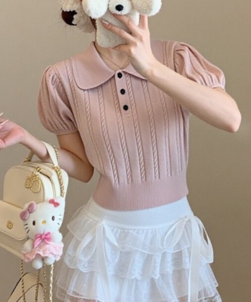 Beststore(ベストストア)の「フレンチガーリー 襟付きサマーニット パフスリーブ 半袖 ポロシャツ(ニット/セーター・レディース・グレー/アイボリー/ピンク・FREE)」の16枚目の写真